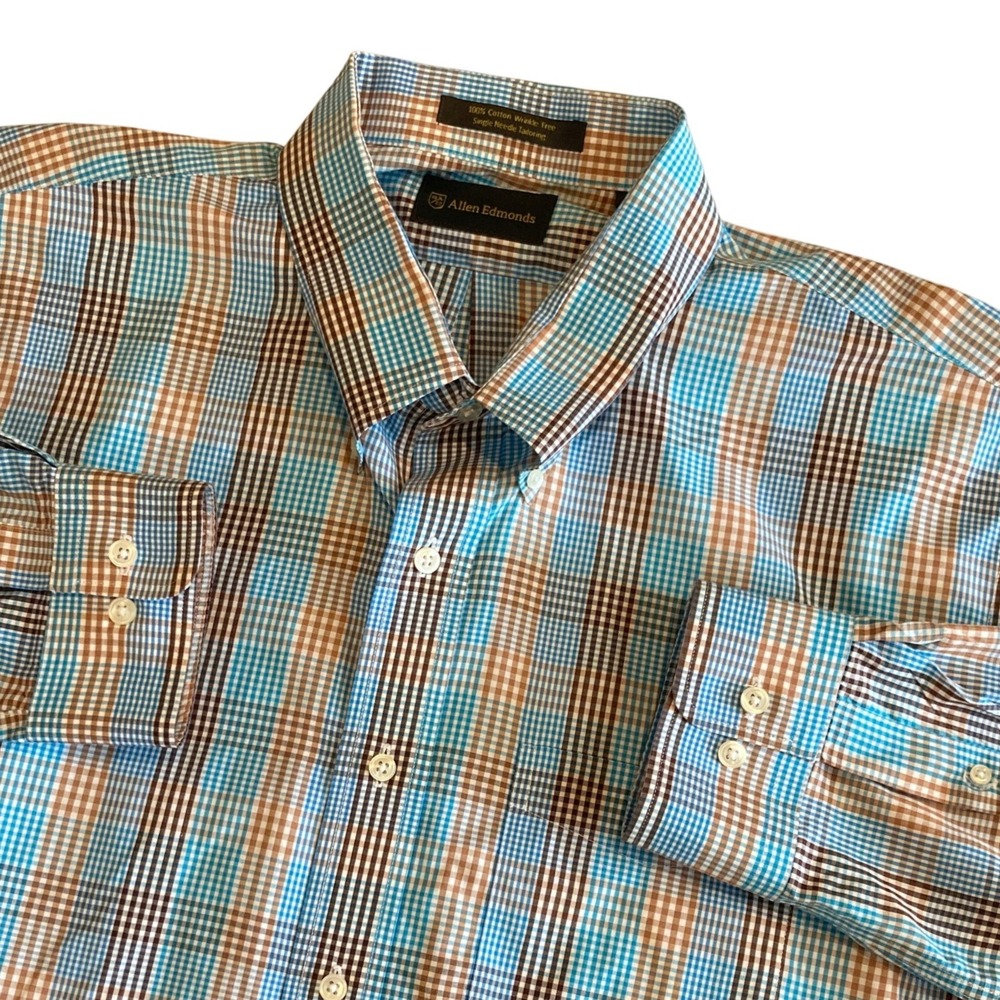 Allen Edmonds Men XXL Plaid Button‎ Down Blue Brown 100% Cotton Wrinkle Free